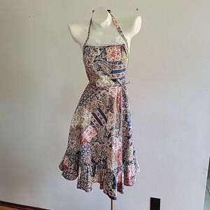 Vintage Handmade Halter Wrap Apron Dress Multicolor Bandana Patchwork Cottage